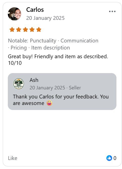 Five-star Facebook Marketplace review from Carlos for SD Outdoor Deals