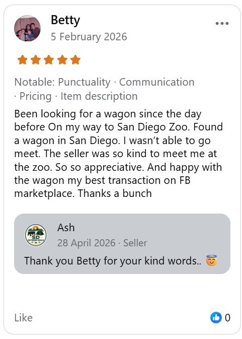 Five-star Facebook Marketplace review from Betty for SD Outdoor Deals