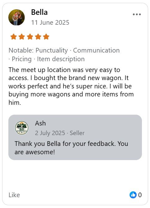 Five-star Facebook Marketplace review from Bella for SD Outdoor Deals