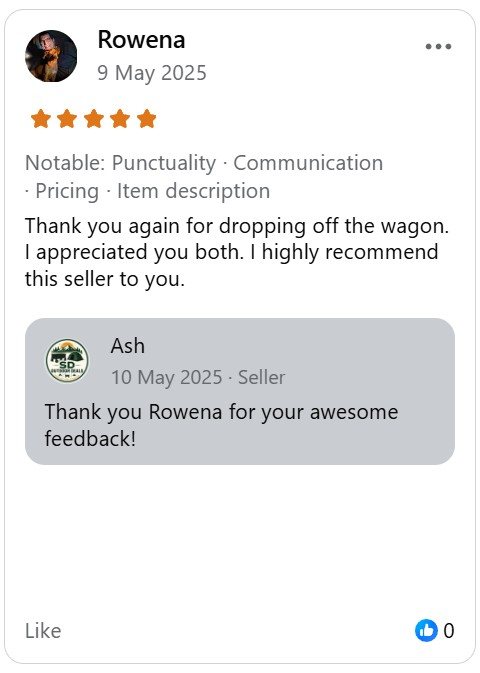 Five-star Facebook Marketplace review from Rowena for SD Outdoor Deals