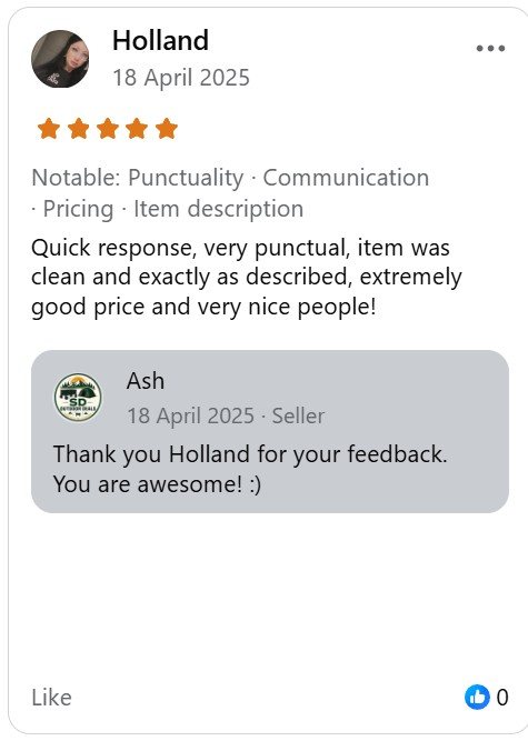Five-star Facebook Marketplace review from Holland for SD Outdoor Deals