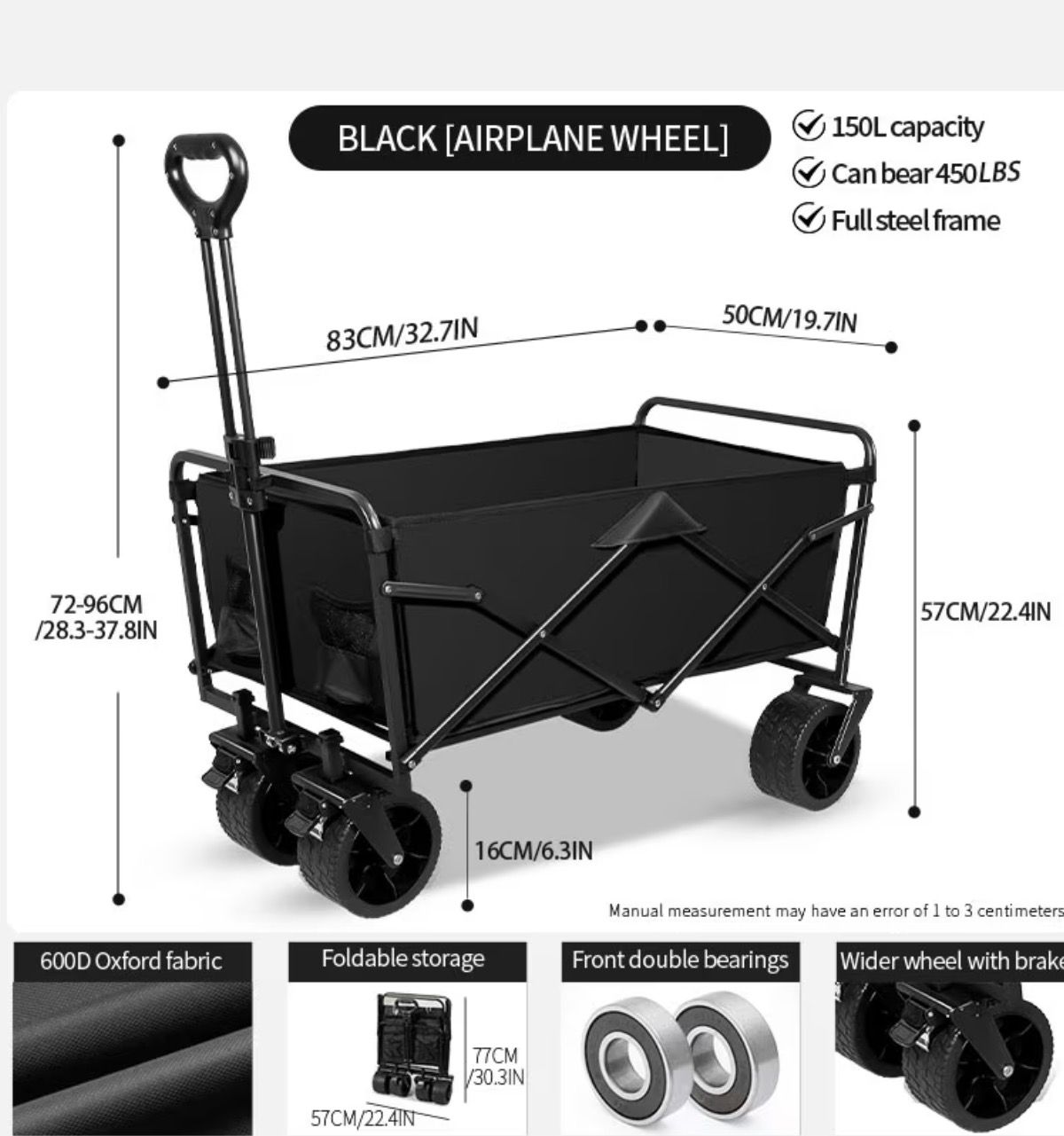 *New* Large Wagon cart | 300lb weight capacity | Big Beach Friendly Wheels | Color - Black